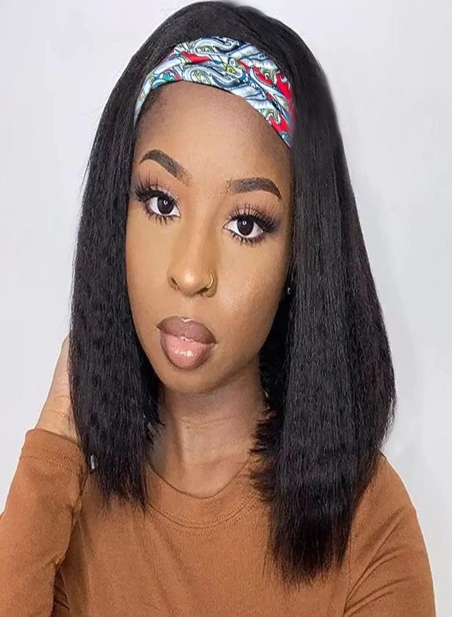 Aminow باروكة رأس Aminow Kinky Straight Headband، ناعمة وطبيعية كالشعر البشري، باروكات رأس بدون غراء للنساء ذوات البشرة السمراء، باروكة نصف صناعية طويلة سوداء إيطالية ياكي (1B أسود طبيعي، 14 بوصة) - Image 1